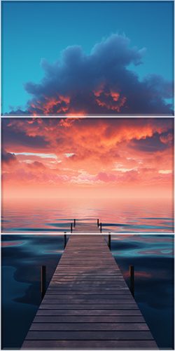 Tile mural with wooden pier and vibrant sunset clouds – modern decorative ceramic tile